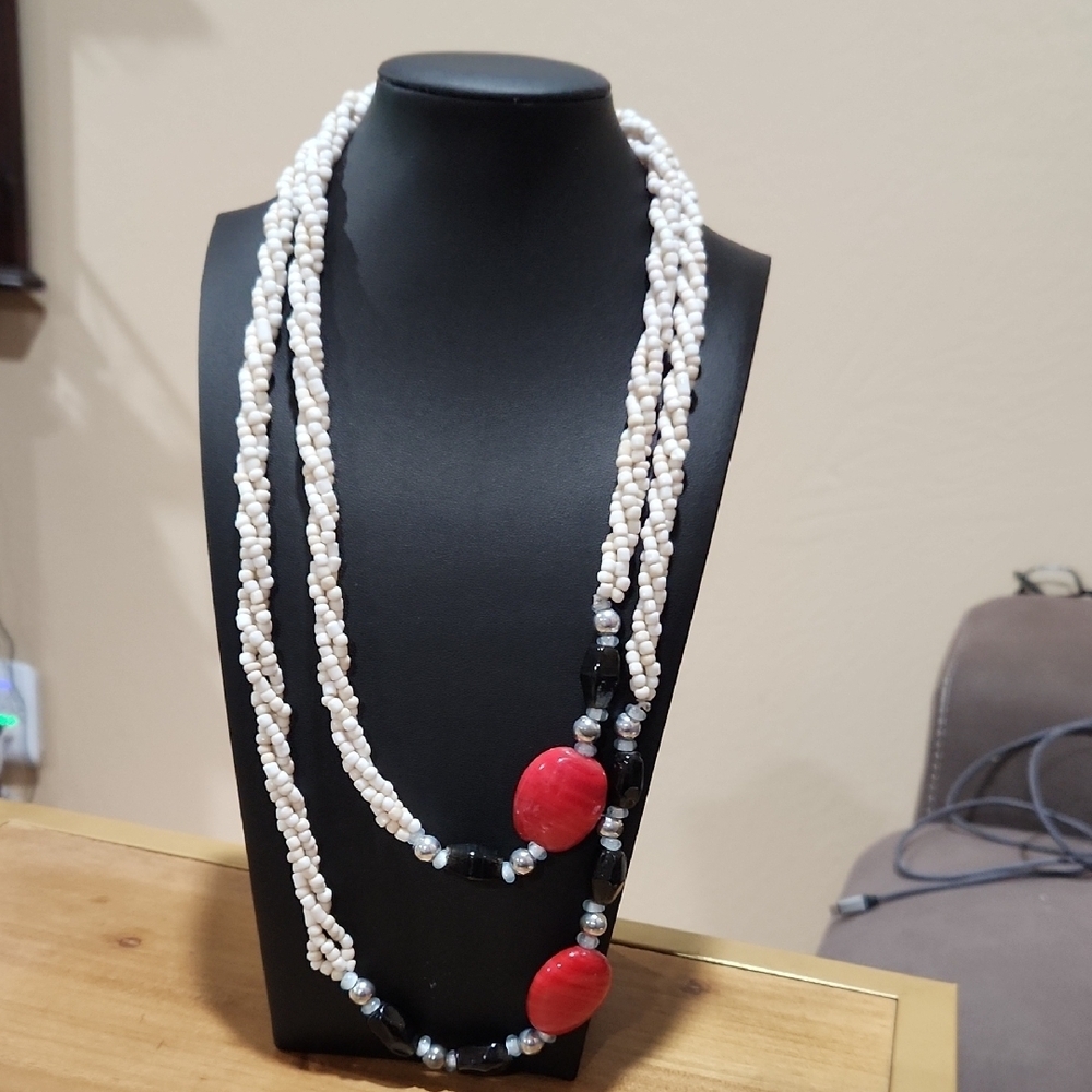 White Red Braided Necklace Double Strand